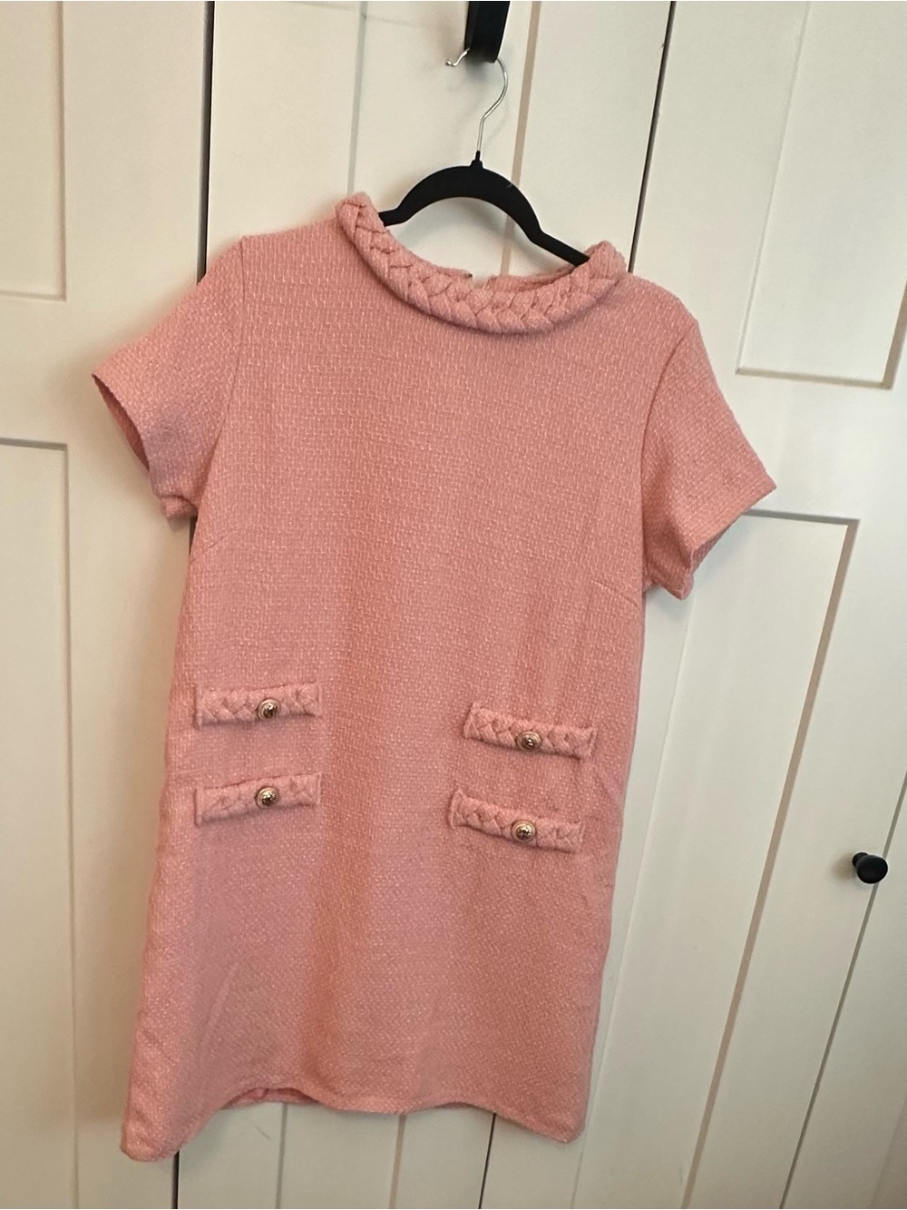 Pink Tweed Jackie Shift Dress with Braided Trim